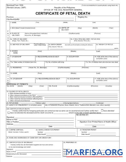 Downloadable Philippines office of Registrar General death certificate example